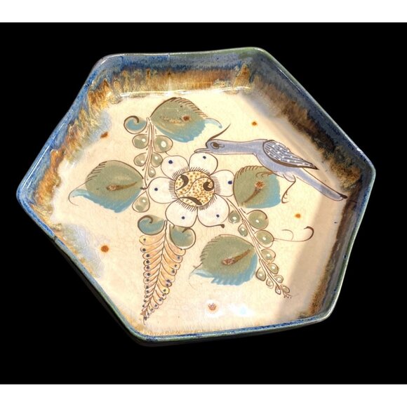 Handcrafted Ken Edwards Pottery Mexico Hexagonal Tonala Plate Bird Floral - Picture 2 of 5